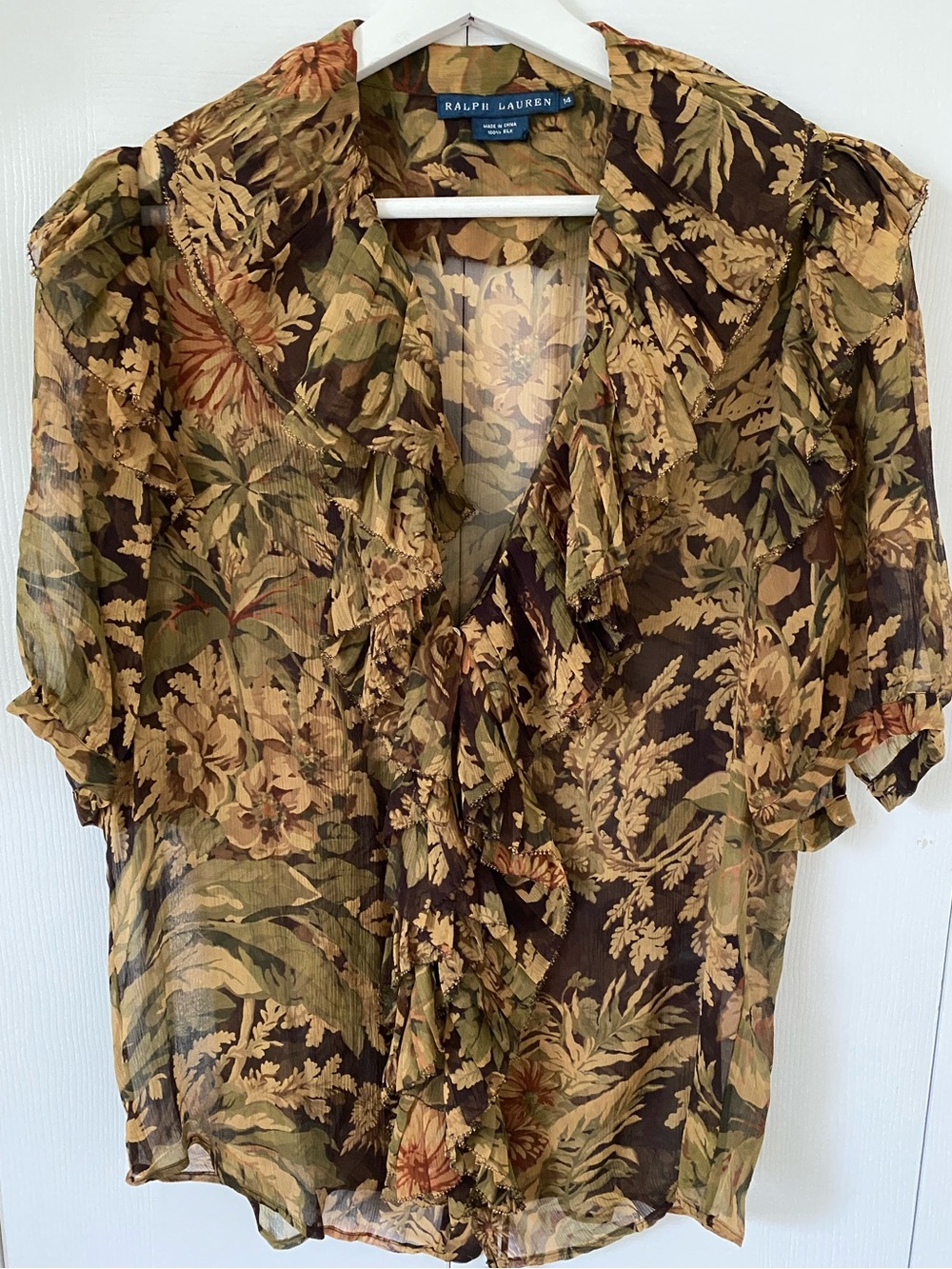 Ralph Lauren 100% Silk button front ruffled blouse Fall Foliage print Size 14